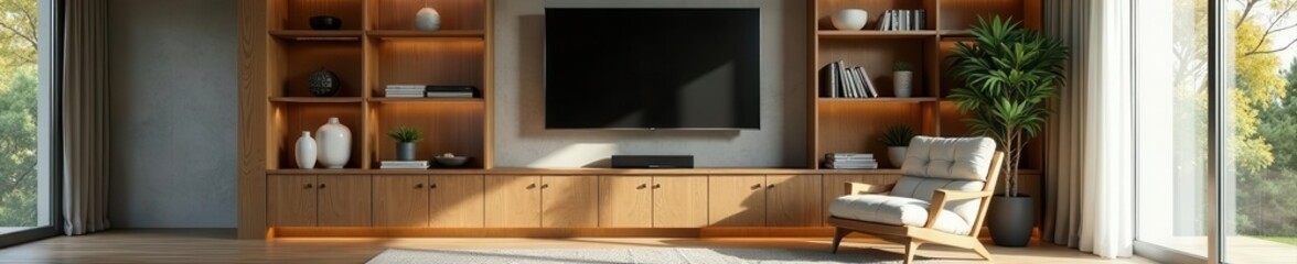 Modern living room, cozy armchair near built-in cabinet, peaceful, natural light, comfort