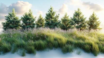 Serene landscape with trees, meadow grass, and a soft blue sky, beautiful day