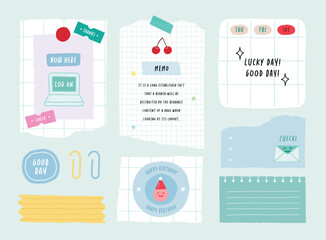 memo template. A collection of striped notes, blank notebooks, and torn notes used in a diary or office.