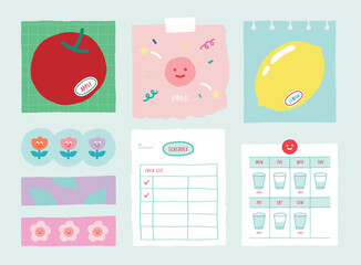 memo template. A collection of striped notes, blank notebooks, and torn notes used in a diary or office.