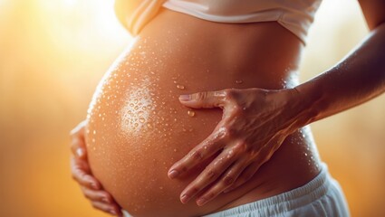 Pregnant belly with water drops hands embrace