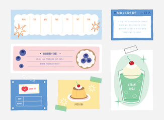 memo template. A collection of striped notes, blank notebooks, and torn notes used in a diary or office.