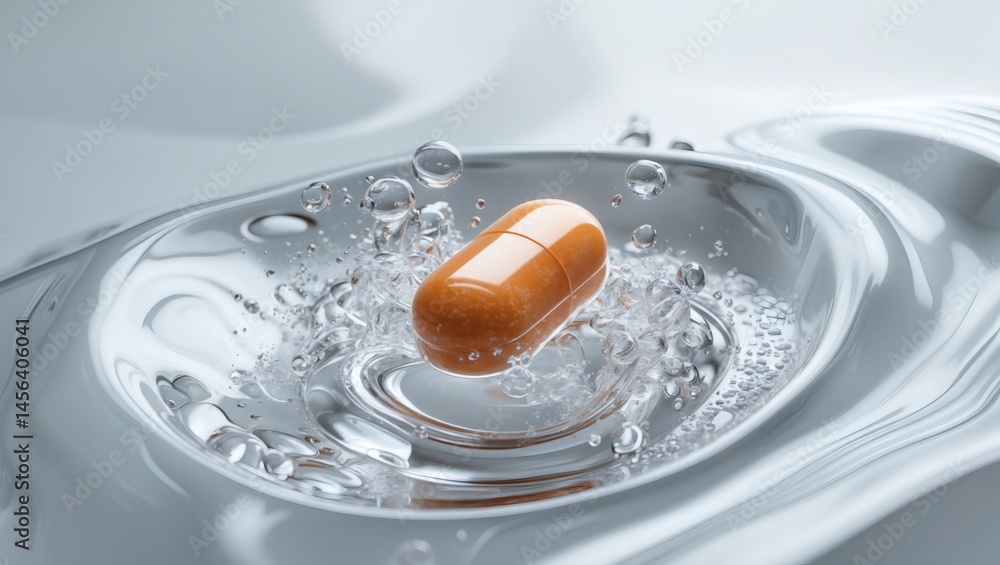 Aufkleber an orange capsule dissolving in water. the image captures the moment the pill begins to break down i