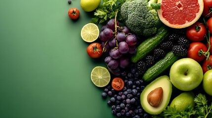 Fresh fruits and vegetables on green background
