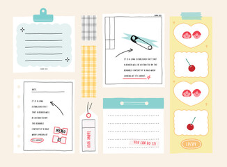 memo template. A collection of striped notes, blank notebooks, and torn notes used in a diary or office.