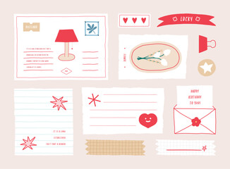 memo template. A collection of striped notes, blank notebooks, and torn notes used in a diary or office.