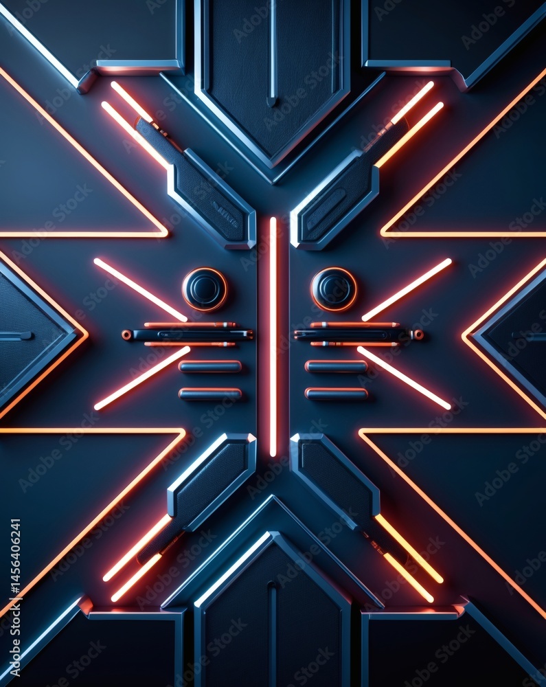 Poster Abstract futuristic neon art design with symmetrical patterns and glowing lines. The artwork features a dark blue metallic surface with neon orange and pink accents.