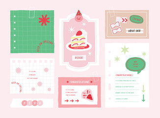 memo template. A collection of striped notes, blank notebooks, and torn notes used in a diary or office.