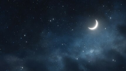 Naklejka premium Crescent moon shines brightly in a dark blue night sky with stars.