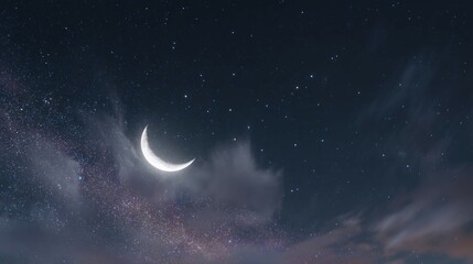 Fototapeta premium Crescent moon shines brightly in a dark sky with clouds and stars.