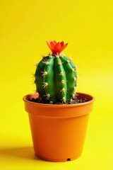 Small potted vibrant green cactus, tiny flower, yellow background, design element, close-up, vibrant