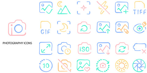 Photography simple concept 24 Flat hand drawn color icons set. Contains such camera - photographic equipment .Vector illustration.