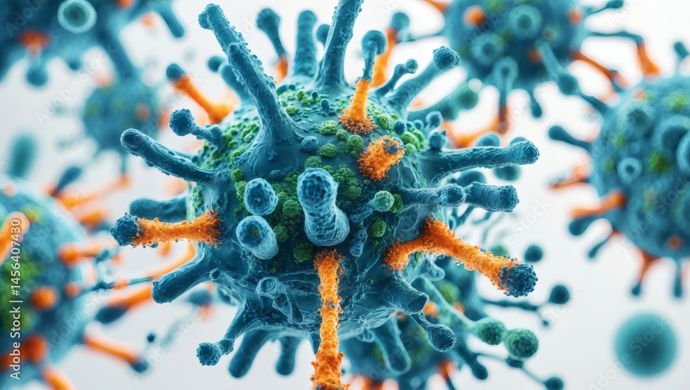 Poster detailed illustration of a virus structure in a macro perspective, showcasing the intricate design w