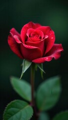 Naklejka premium Single red rose with water droplets, close-up , present, red petals