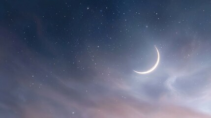 Fototapeta premium Crescent moon shines brightly in a cloudy night sky with visible stars.
