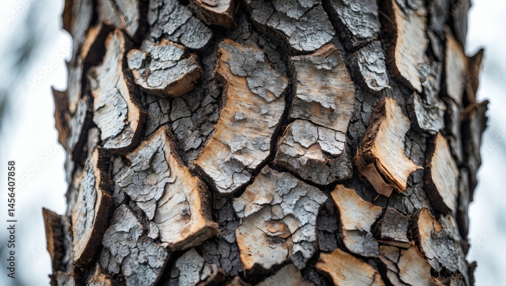 Poster close-up detailed shot of textured tree bark, showing the intricate patterns and rugged surface 