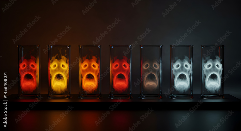 Poster array of glasses displaying abstract glowing faces in varying colors against black background