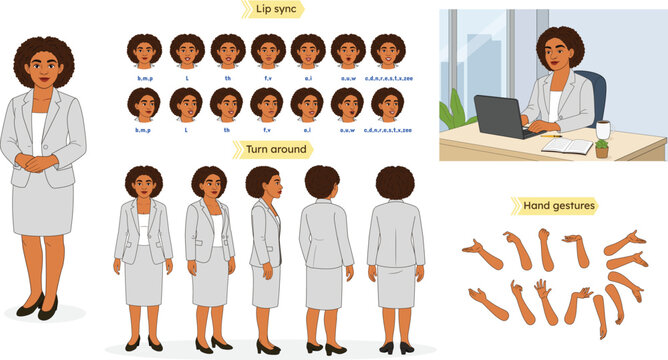 Black Business Female/ Woman Character Model Sheet &ndash; Office Setting Illustration. African Business Woman Creation Set, Animation Character, 2d Animated Character, Character Model Sheet. 
