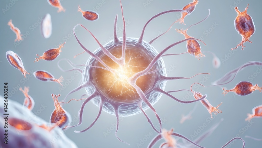 Poster A close-up image of a microscopic cell with intricate details and multiple tendrils, highlighting its complex structure