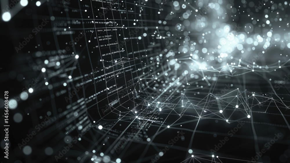 Poster futuristic digital network visualization with glowing nodes and lines on a dark background. abstract