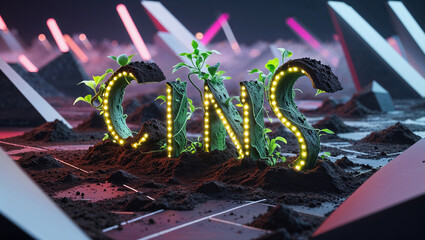 Creative cgi rendering of the word "cins" with plants growing from soil