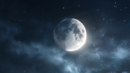 Obraz premium Full moon shines brightly in a dark night sky with scattered stars.