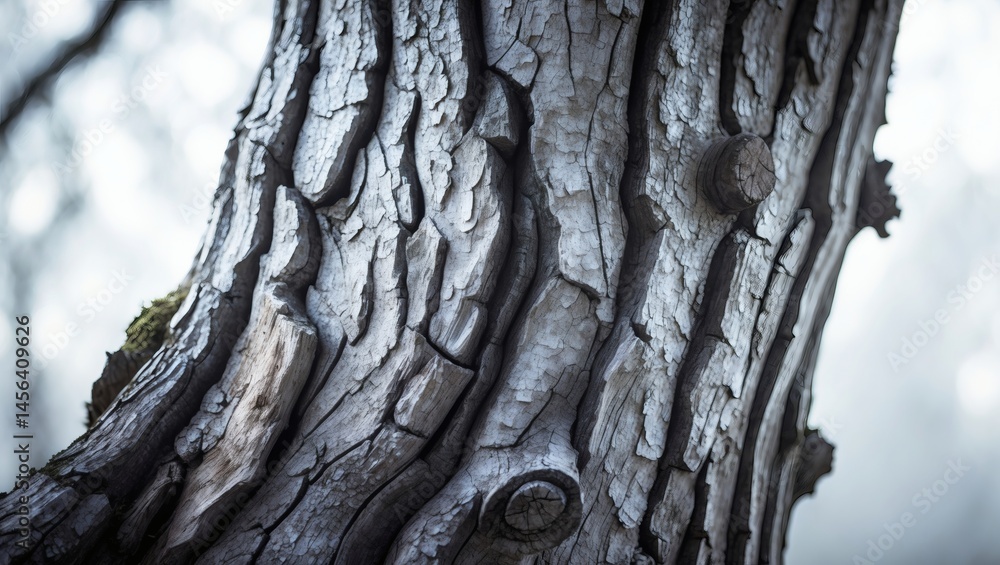 Poster an up-close, detailed look at a tree trunk. the bark displays intricate textures, patterns, and natu