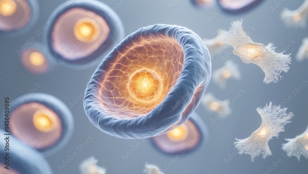 Poster a detailed, abstract view of several glowing cells. each cell has a layered structure, and one cell 