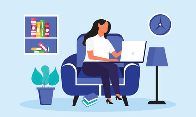 Woman working on a laptop in a blue armchair, home office or freelancer