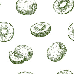 Kiwi fruit seamless pattern,  sketch illustrations, hand drawn objects, monochrome