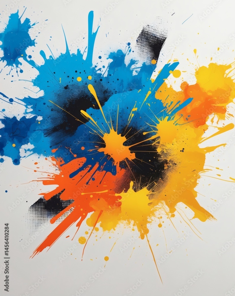 Poster an artistic expression, vivid splatters of blue, yellow, and orange paint create an explosion of col