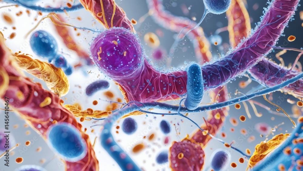 Poster a microscopic view of vibrant microorganisms, showcasing intricate biological structures and complex