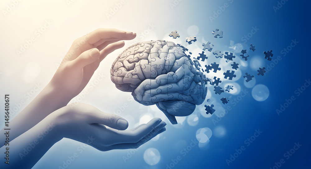 Poster conceptual brain puzzle protected in hands against a soft light blue gradient bokeh background symbo
