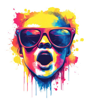 PNG Colorful paint splashes bubby face wearing sunglasses illustration portrait abstract.