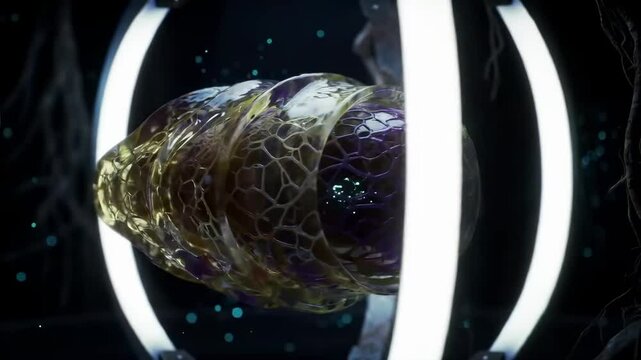 Suspended alien cocoon pulses in cryo-archive, cinematic orbit with mineral texture and energy flicker