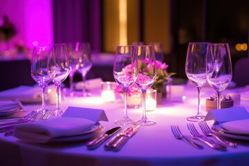 Elegant corporate event venue with sophisticated table settings and ambient lighting