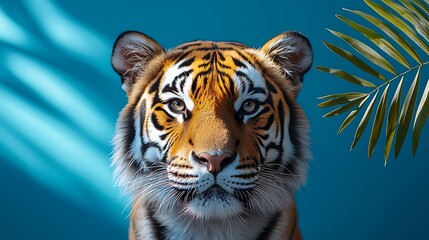 Naklejka premium Striking tiger portrait with tropical leaf
