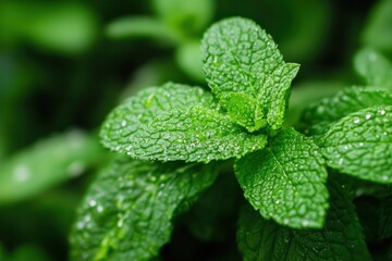 Fresh green mint leaves close-up with natural texture