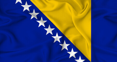 Realistic Bosnia flag waving. Close up of flag of Bosnia with cloth texture