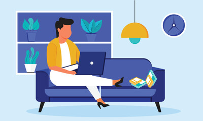 Freelance Man with a laptop working or studying at home sitting on a sofa in the living room