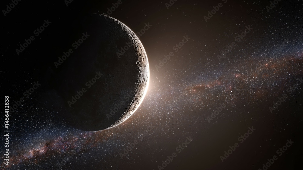 Wall mural planet with visible atmosphere and light against a starry background in space.