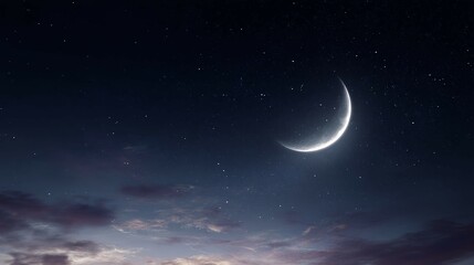 Crescent moon shines brightly in a dark night sky with faint stars.