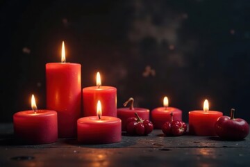 Several burning candles illuminate a dark, textured background , photography, light
