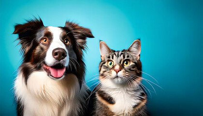 Adorable border collie and tabby cat posed together against a vibrant teal background.  Perfect for pet adoption, veterinary clinics, animal shelters, or pet product websites.