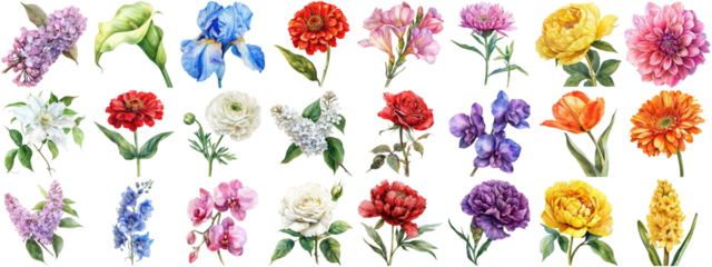 Watercolor flower set isolated background. Various floral collection of nature blooming flower clip art illustration element for retro flora wedding or romantic valentine card. crisp edges cut out.