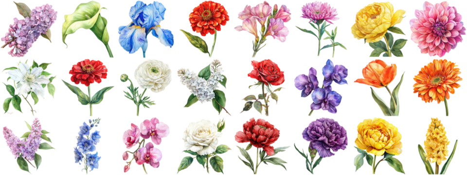 Watercolor flower set isolated background. Various floral collection of nature blooming flower clip art illustration element for retro flora wedding or romantic valentine card. crisp edges cut out.