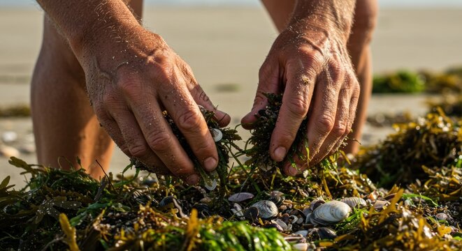 Hands collecting seaweed and shells on a beach - Photo