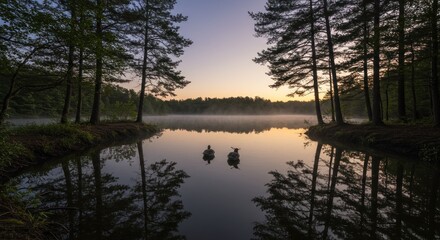 Ducks on a misty lake at sunset - Photo