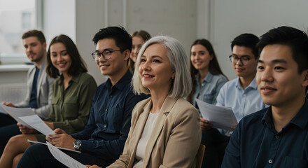 Fototapeta premium Diverse Group Attentively Listening to Presentation in a Bright Room Holding Papers During a Business Meeting with Neutral Background