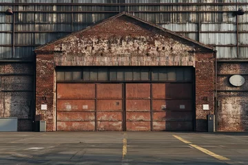 Old brick warehouse large rusty metal doors empty lot